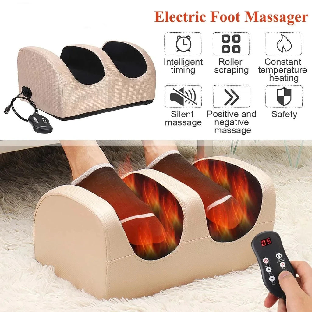 Beige electric foot and calf massager with remote control, deep tissue kneading, roller, and heating functions.