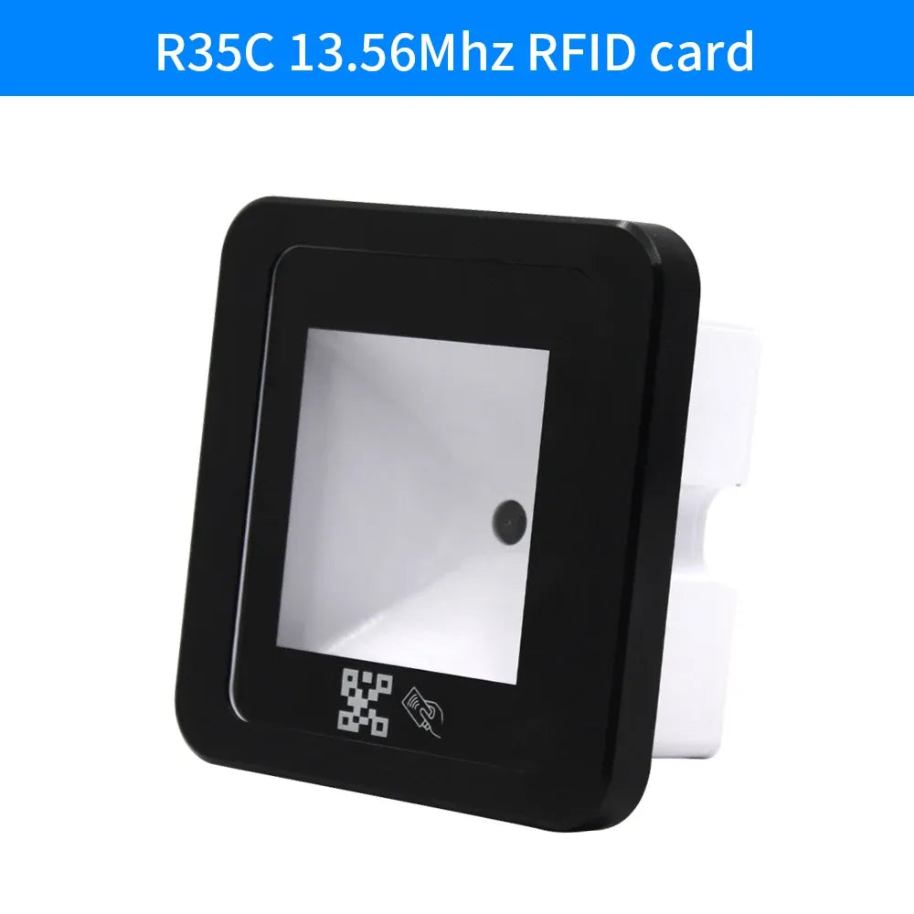 Black QR code RFID reader with display window and QR scan icons