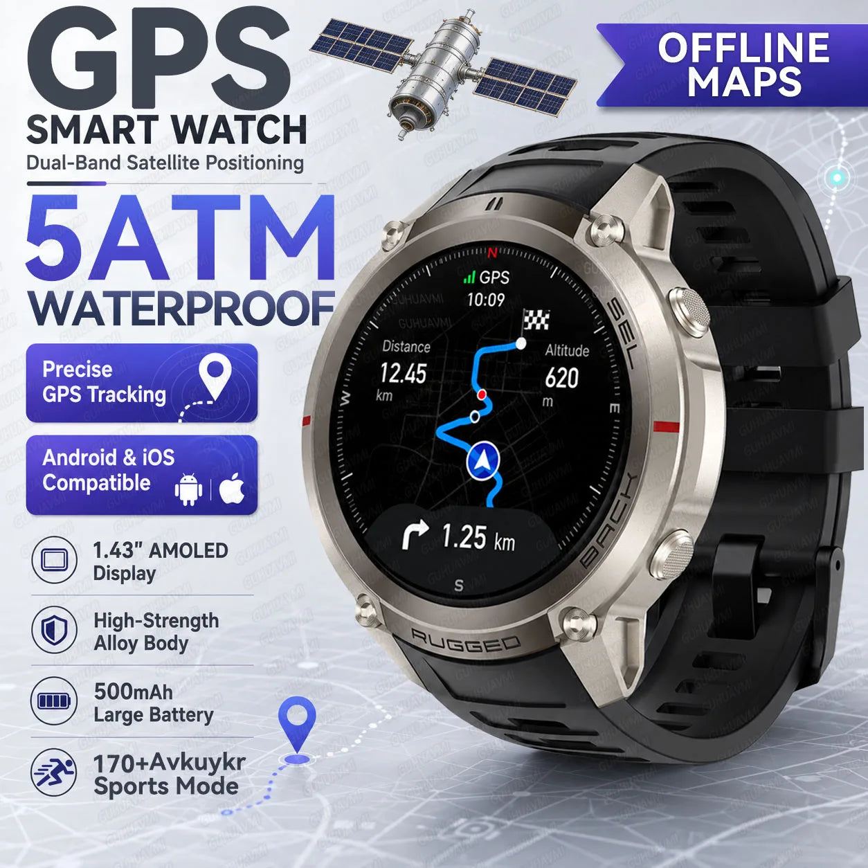 Round GPS smartwatch with black rubber strap and silver case; dark AMOLED display.