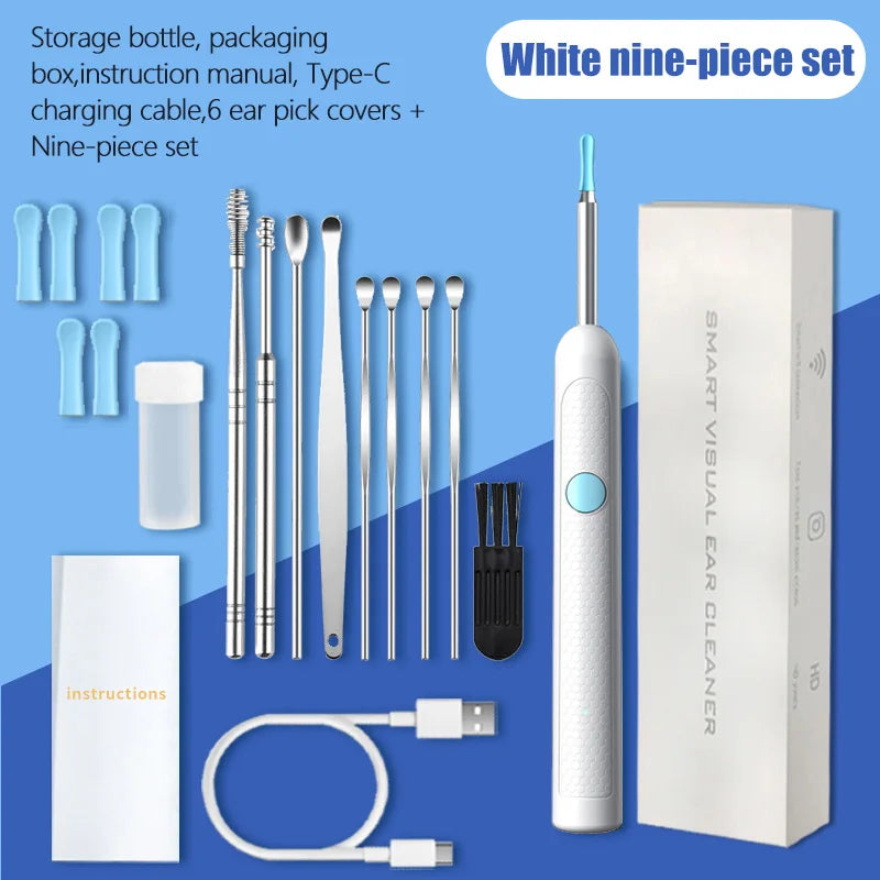 Visual Ear Wax Cleaner Camera - Digital HD Earwax Removal Kit Relaxation Treatment White 9 piece set Tidesmit