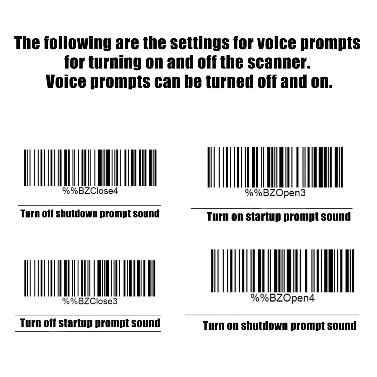 Handheld barcode scanner with printed barcode examples for voice prompt settings.