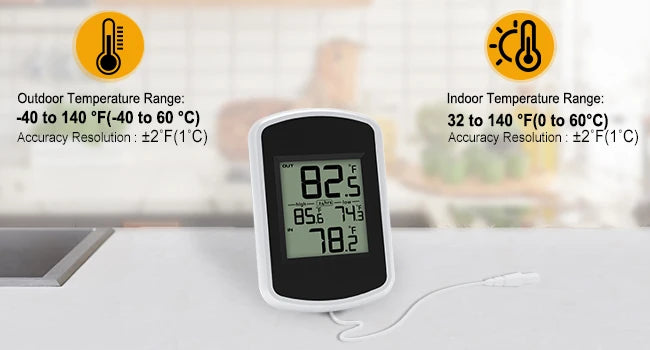 Wired Digital Thermometer Waterproof Indoor Outdoor Temperature Monitor with Min/Max Record 2m Line Probe Sensor for Home Room