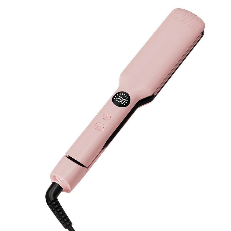 Pink wide-plate hair straightener with digital temp display and plasma ion oil coating for professional salon styling.