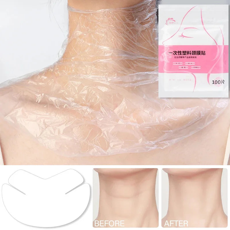 Clear plastic disposable neck mask sheet in a pack, showing application on the neck with before and after results.
