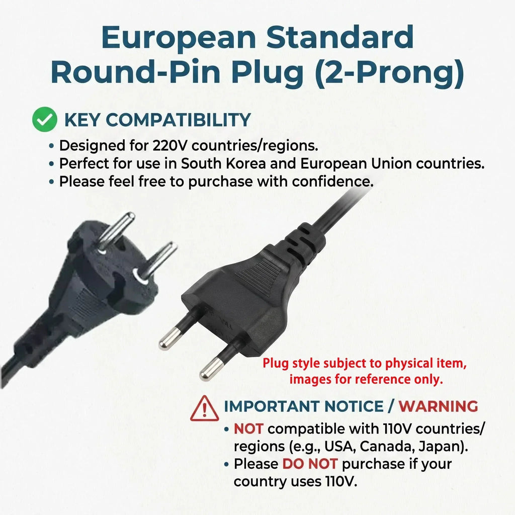 Black 2-prong European standard round-pin plug for 220V hair dryer compatibility in EU and South Korea.