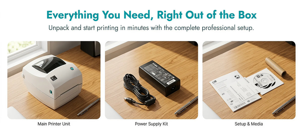 Desktop label printer kit with printer unit, power supply, and setup labels and media