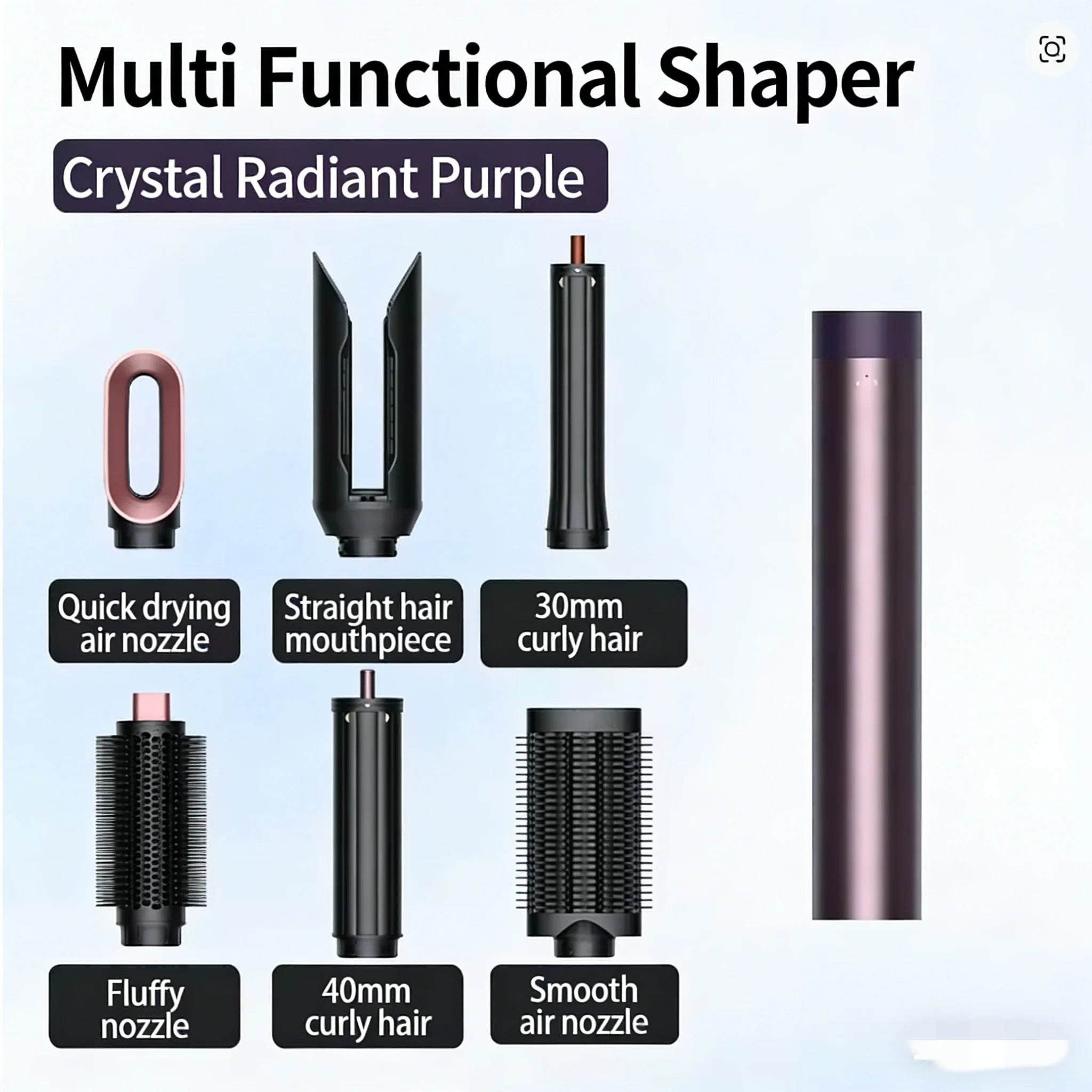 SenCiciMen 6-in-1 purple hair styler kit with curler barrels, brushes, and dryer nozzle for professional styling.