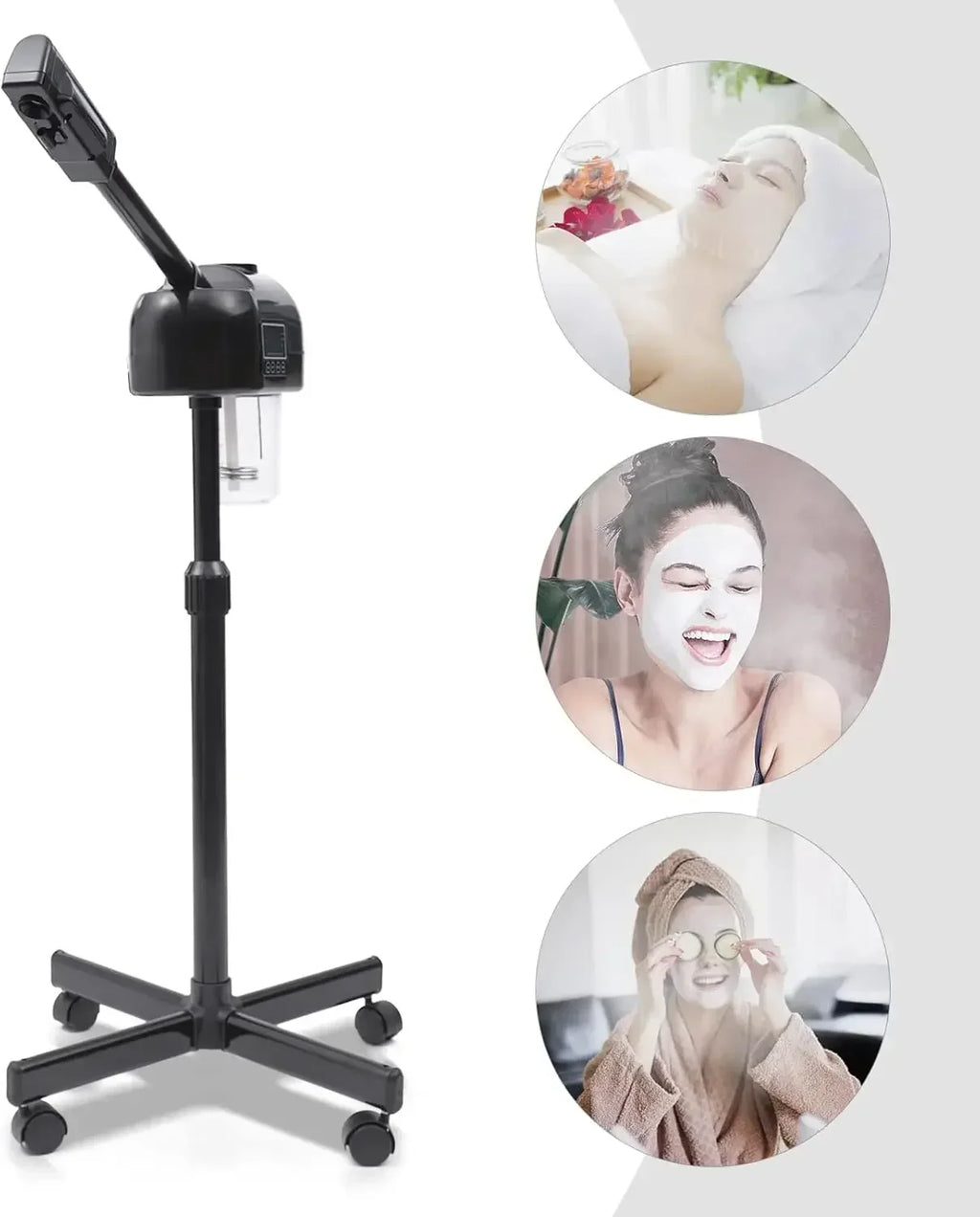Black portable facial steamer with LCD screen, height-adjustable stand, and wheels for salon or home spa skincare.