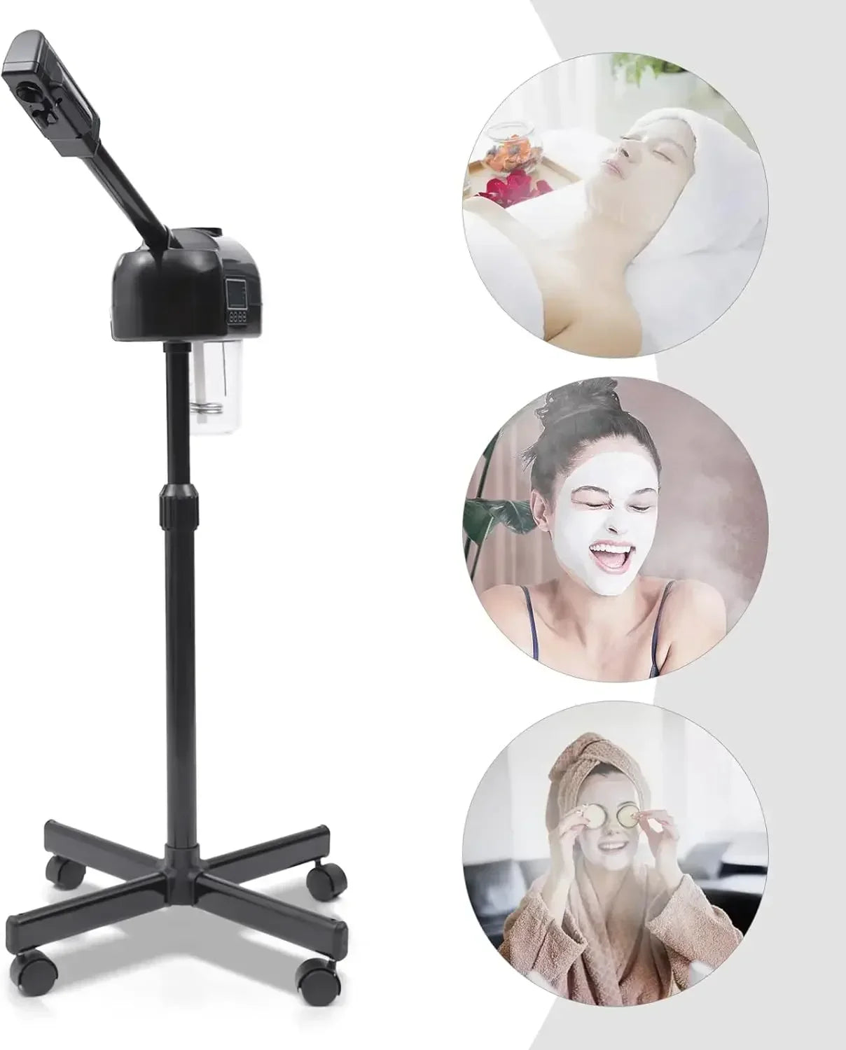 Black portable facial steamer with LCD screen, height-adjustable stand, and wheels for salon or home spa skincare.