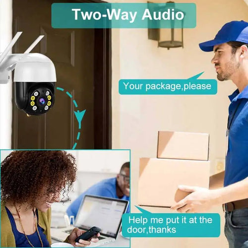 White ICSee PTZ Wi‑Fi camera with rotating dome and visible indicator LEDs