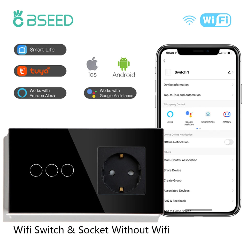 Wifi Smart Light Switch | 1-3 Gang Touch Control | Alexa & Google Compatible 3Gang EU Socekt EU standard Tidesmit