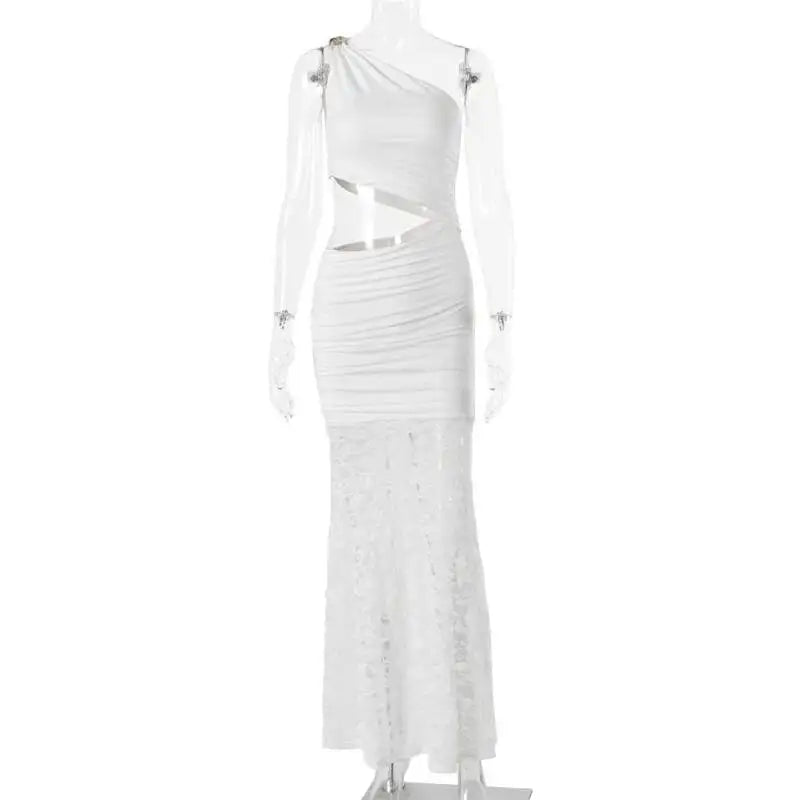 Mozision One Shoulder Cut Out Sexy Maxi Dress Women Elegant Diagonal Collar Sleeveless Lace Hem Bodycon Club Party Long Dresses