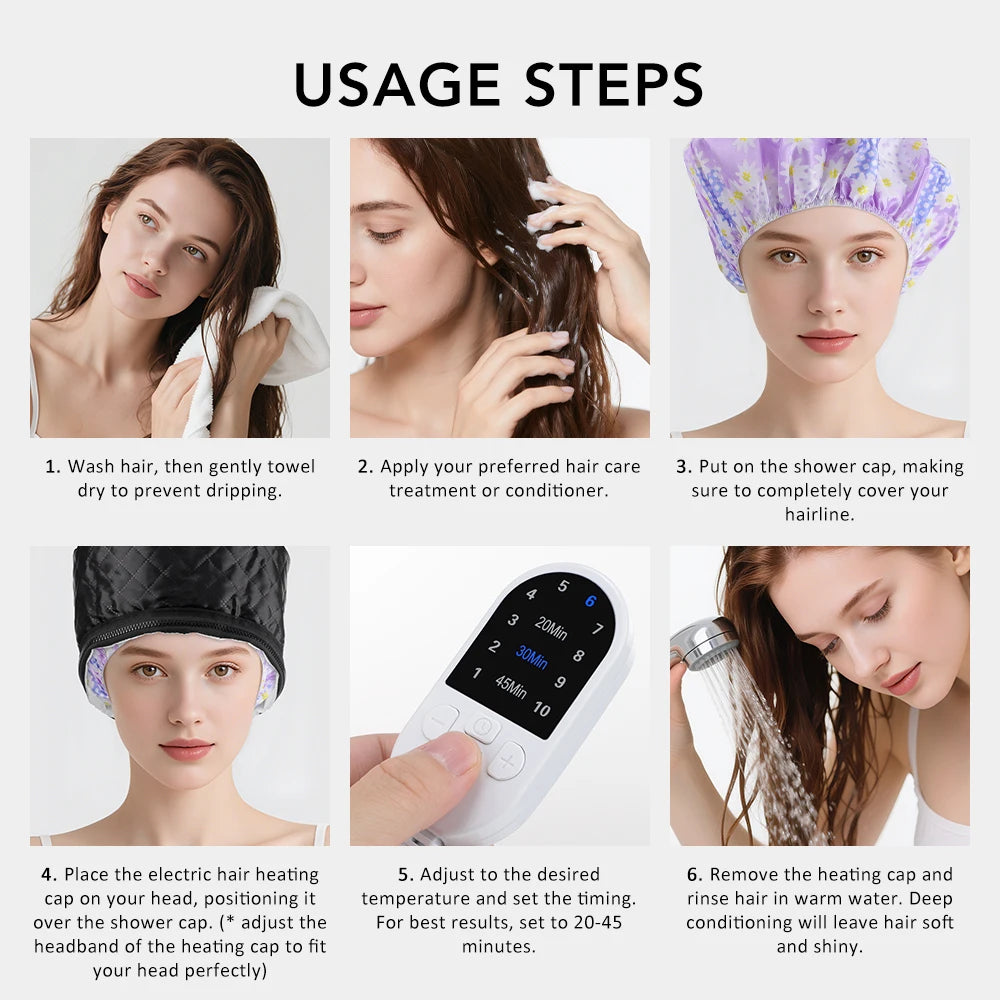 Usage steps for black electric hair thermal treatment cap with floral shower cap and 10-level digital heat controller.