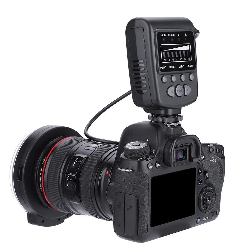 Black macro ring flash attached to a DSLR camera lens for close-up photography, showing a digital control panel.