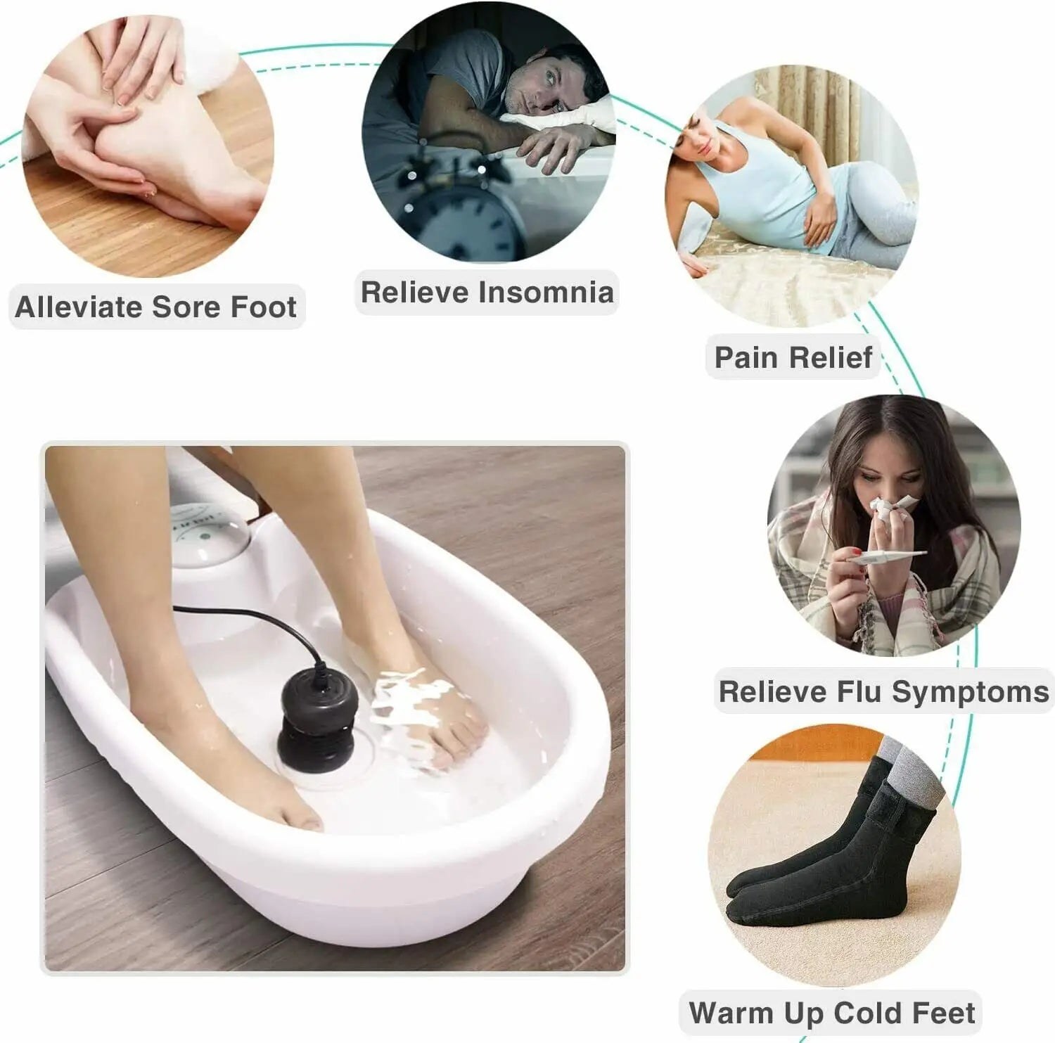 White detox ion foot spa bath basin with array for home health therapy, vibration massage, and pain relief benefits.