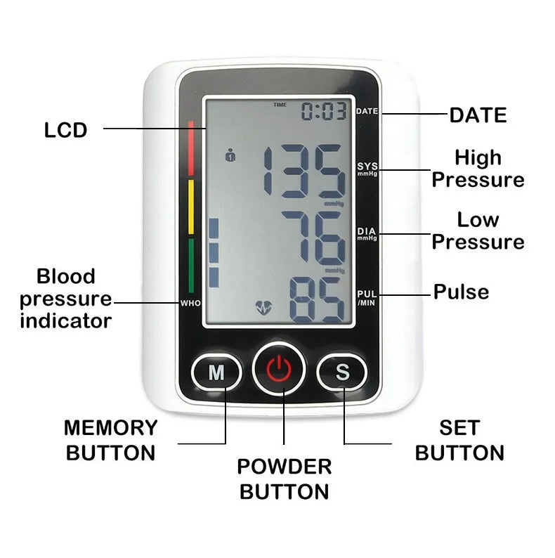 Portable Upper Arm Blood Pressure Monitor BP Monitor Automatic Tonometer Tensiometer Digital Sphygmomanometer Measurement Tool