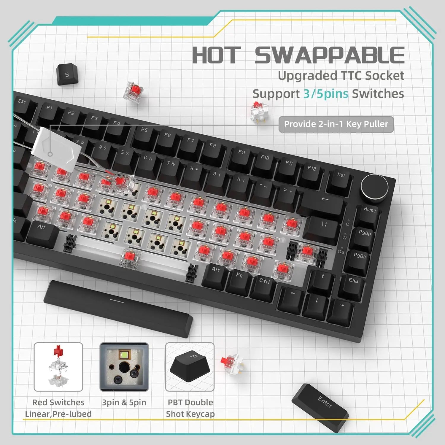 AJAZZ AK820 Wired Gaming Keyboard Red Switch 75% Layout Ergonomic Hot-swappable Detachable Cable