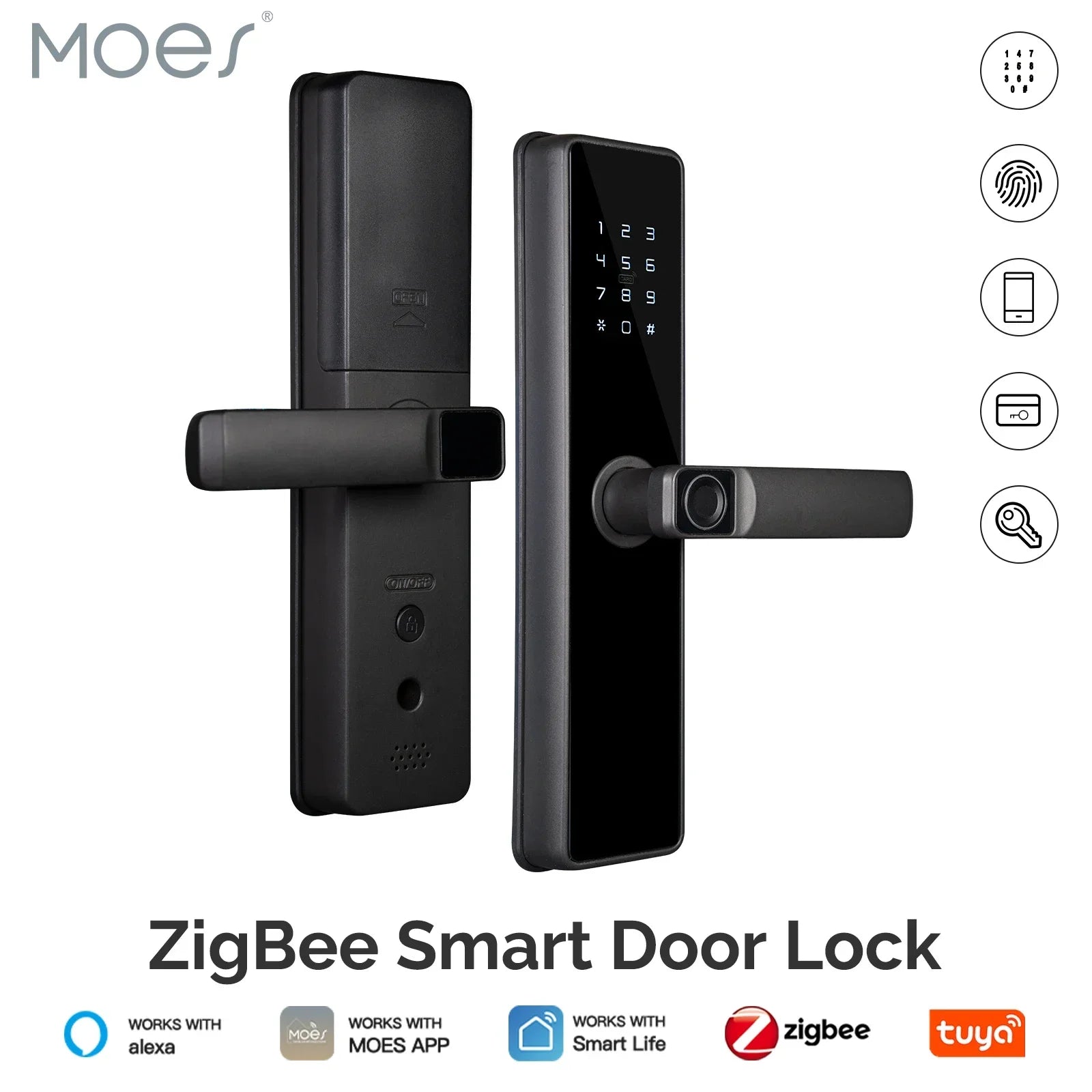 MOES Tuya ZigBee Smart Door Lock Indoor Password Fingerprint Remote Unlock Keycard Tamper Alarm Battery Powered Work With Alexa