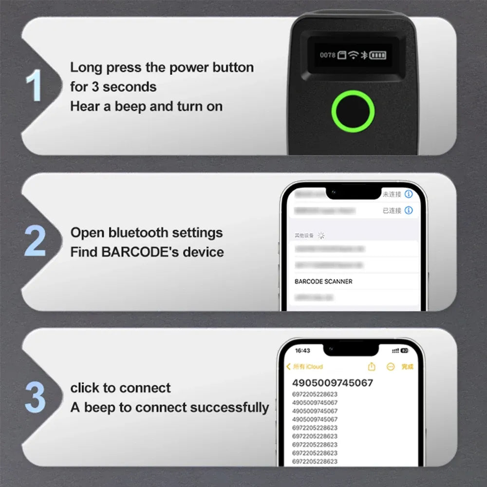 Handheld 2D barcode scanner with black body and green power button ring.