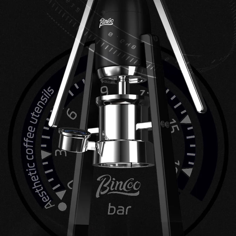 Binco manual espresso maker in matte black and chrome finish, featuring a high-precision pressure gauge.