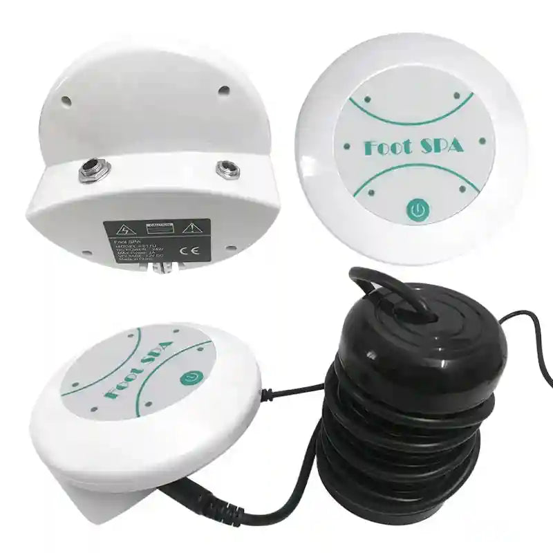 White ionic foot detox machine with round spa control unit, power button, and black detoxification array for foot bath.