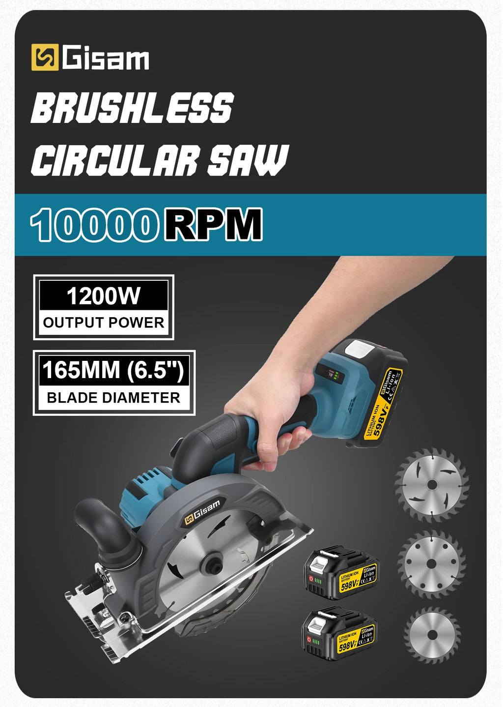 Gisam 165mm 10000RPM Brushless Electric Circular Saw Cordless Adjustbale Angle Woodworking Power Tool For Makita 18v Battey Pins