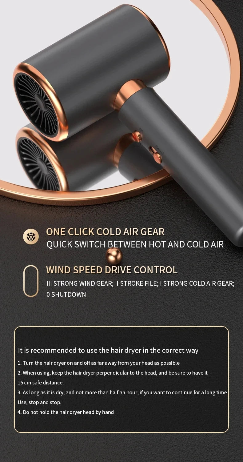 Professional 2000W ionic hair dryer in matte grey and rose gold with multi-speed hot/cold air settings for fast drying.