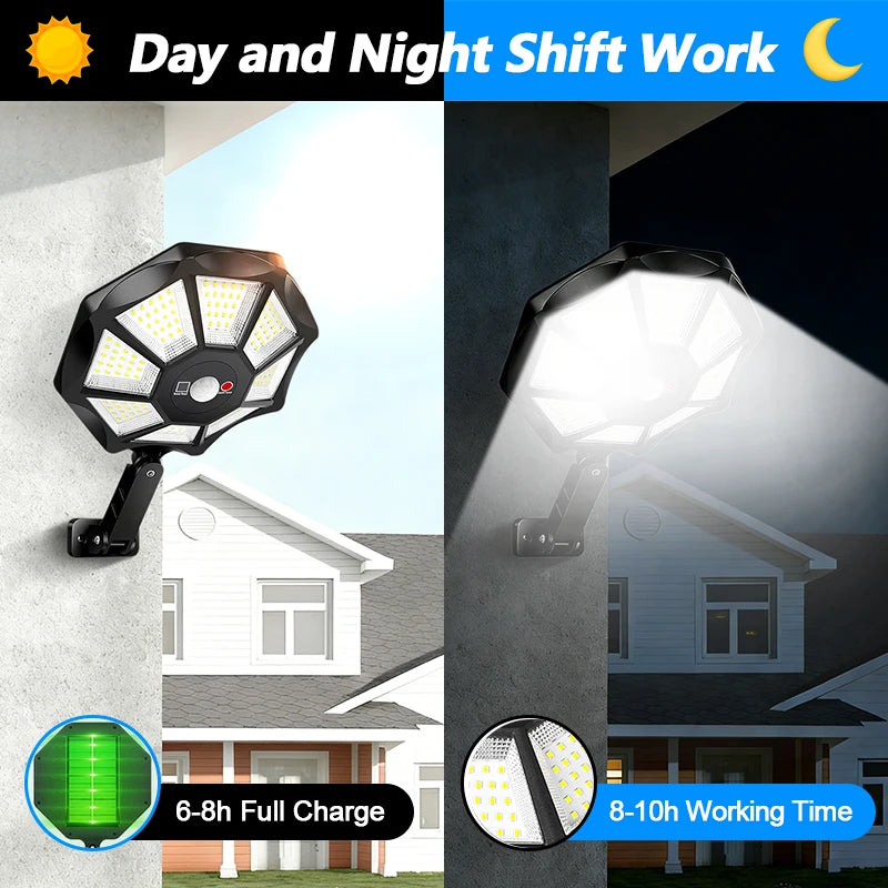 Solar Lights Outdoor 168LED 360° Adjustable Flood Light Dusk to Dawn 8 Sides Solar Outdoor Lights with Motion Sensor IP66 Waterproof Solar Street Lights Outdoor for Yard Pools