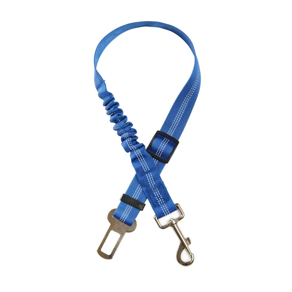 Blue adjustable reflective dog car seat belt with elastic bungee for safe travel for small to large dogs.