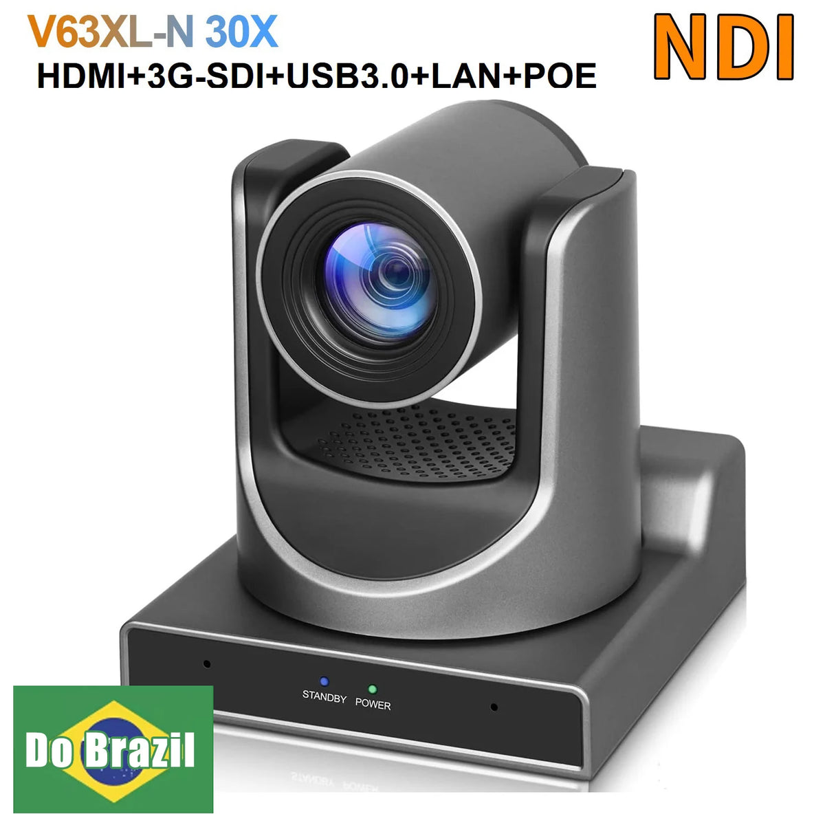 NDI PTZ conference camera with front lens and base standby power lights