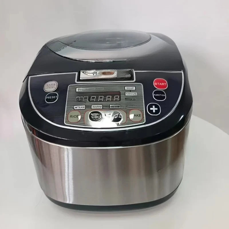 Black electric rice cooker with stainless pot and digital control panel buttons