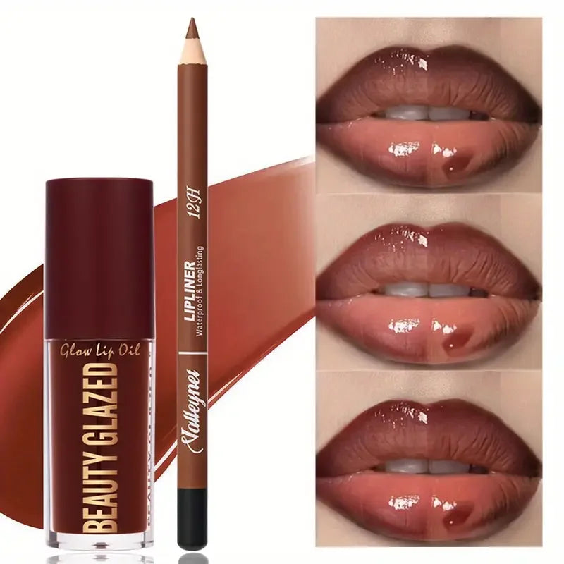 2pc matte lip liner and moisturizing brown lip oil set for long-lasting, high-shine glossy lip makeup look.
