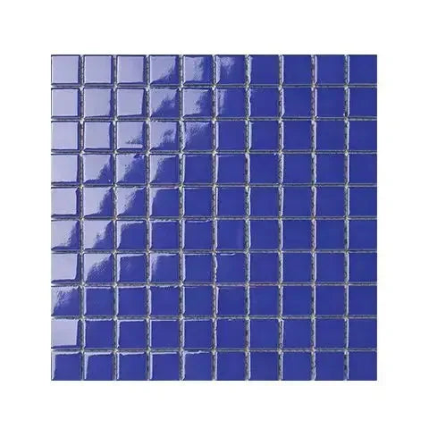 Blue ceramic mosaic tile sheet with small square tiles and dark grout lines