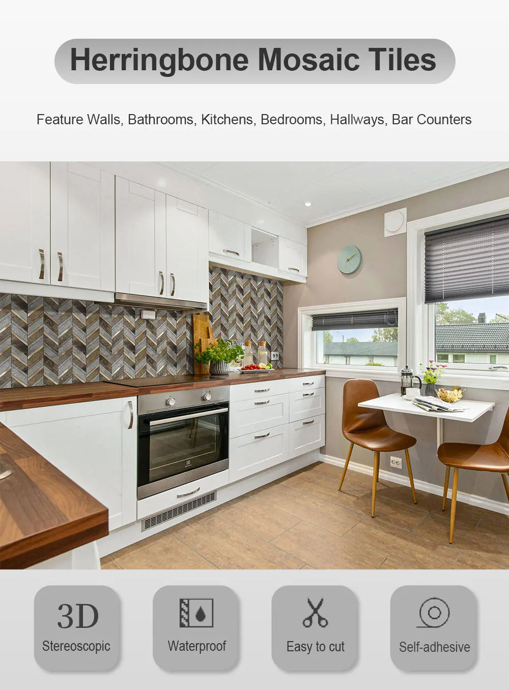 Herringbone Peel and Stick Backsplash, Faux Stone PVC Self Adhesive Marble Tiles for Kitchen Bathroom