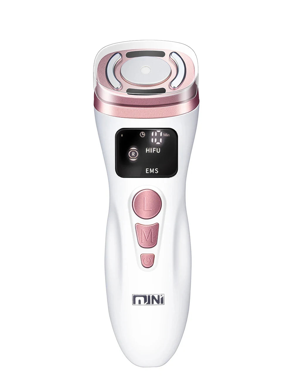 White and rose gold handheld HIFU and EMS facial beauty device with digital display and control buttons.