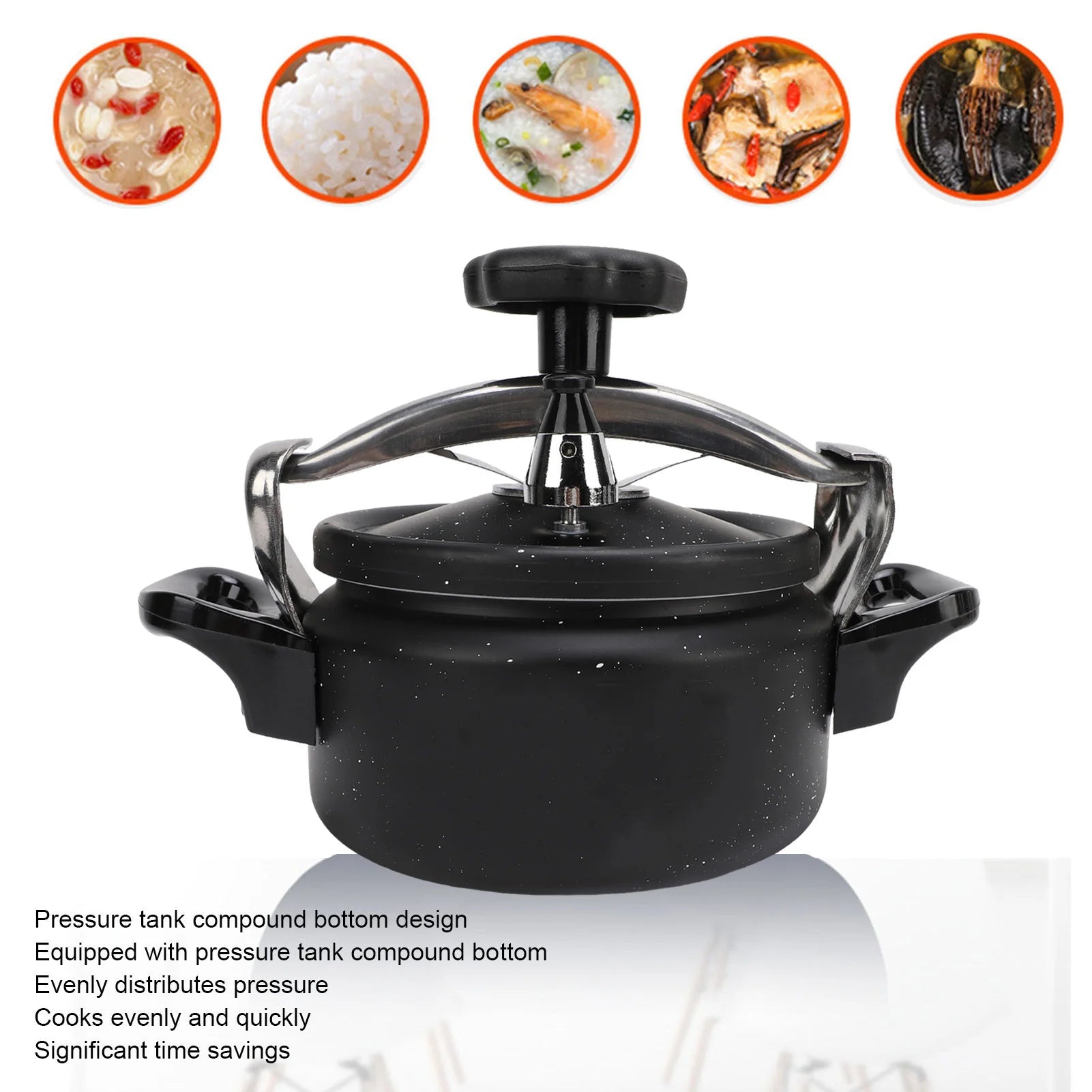 Black speckled pressure cooker with domed lid, top knob, and side handles