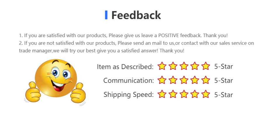Customer feedback request banner with a happy emoji giving a thumbs up and 5-star rating graphic for product reviews.