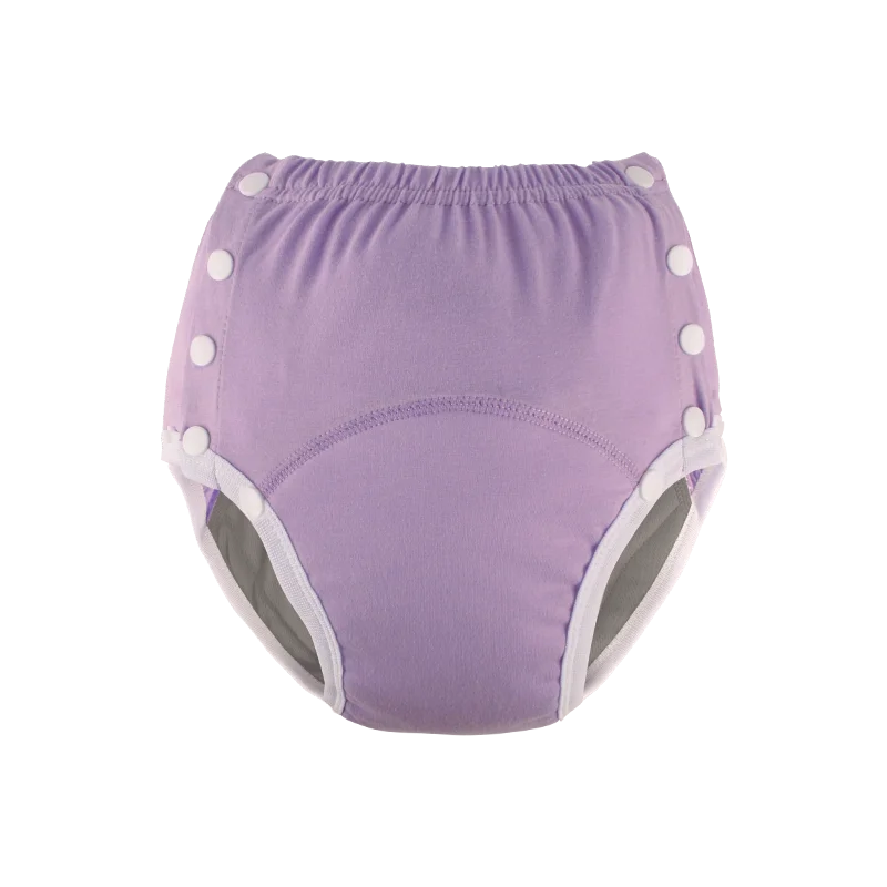 Reusable lilac baby cloth diaper with side snap closures for easy training and diapering.