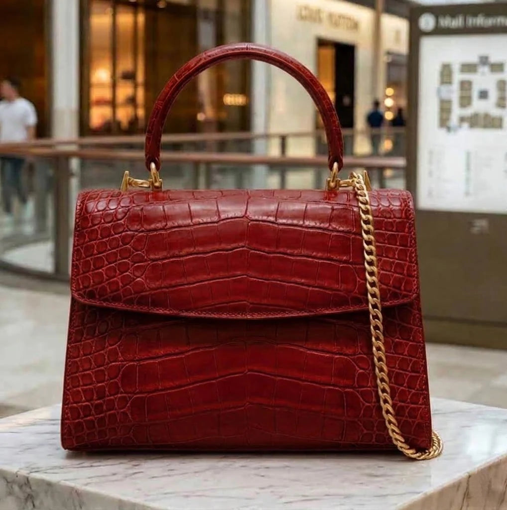 Vintage red alligator leather designer handbag with gold chain strap, top handle, and flap closure.