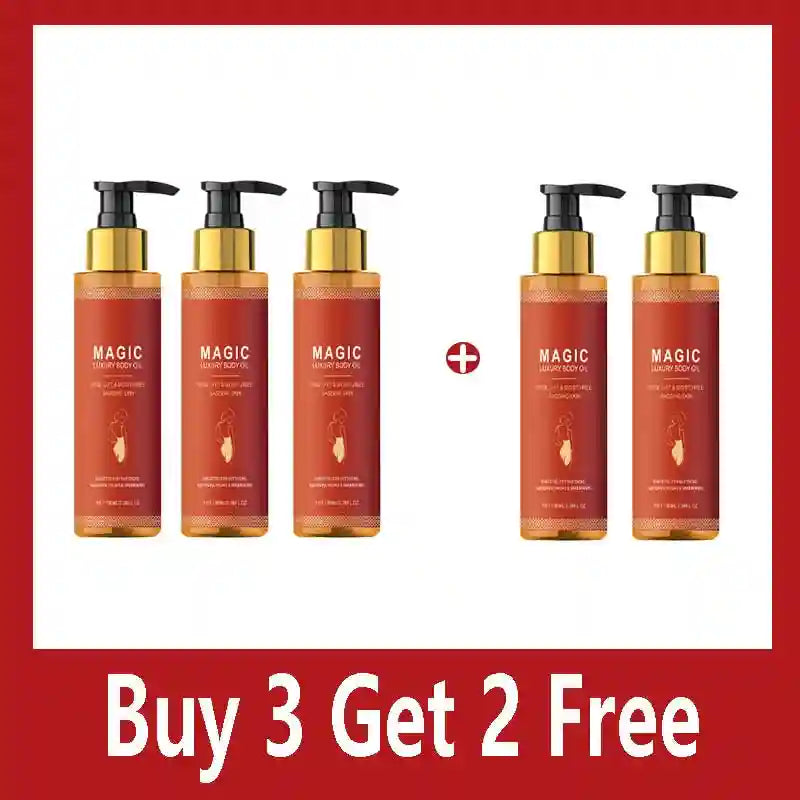 Five tall, cylindrical pump bottles of "Magic" body oil with red labels and gold caps, displayed in a 3+2 set.