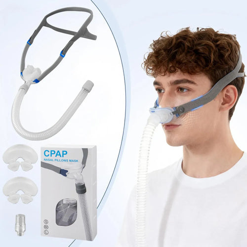 Grey CPAP nasal pillows mask for sleep apnea therapy, includes tube and S/M/L cushions for universal machine fit.