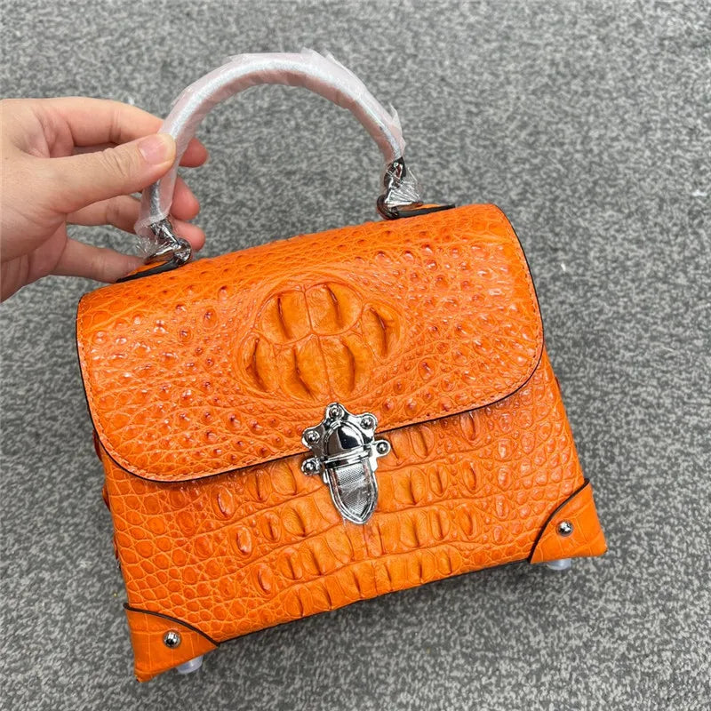 Fashion Design Genuine Crocodile Leather Women Small Purple Purse Authentic Real Leather Lady Female Orange Studs Handbag