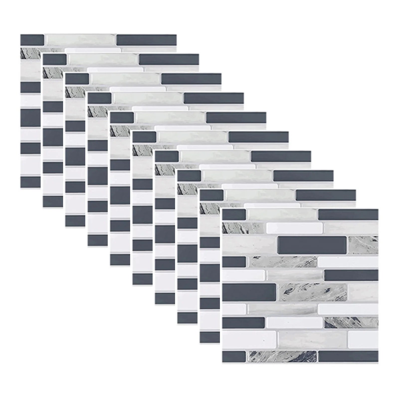 3D mosaic tile sticker set, gray and white marble brick pattern, self-adhesive 10x10cm tiles