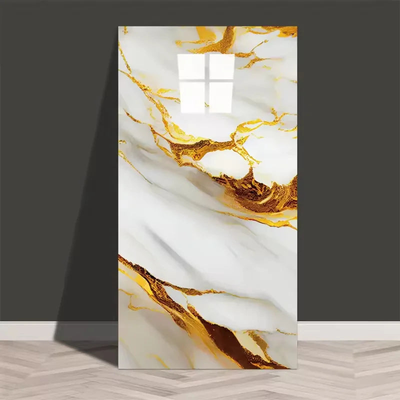 White marble-look self-adhesive PVC tile sticker sheet with thick gold-brown veining, 30x60cm