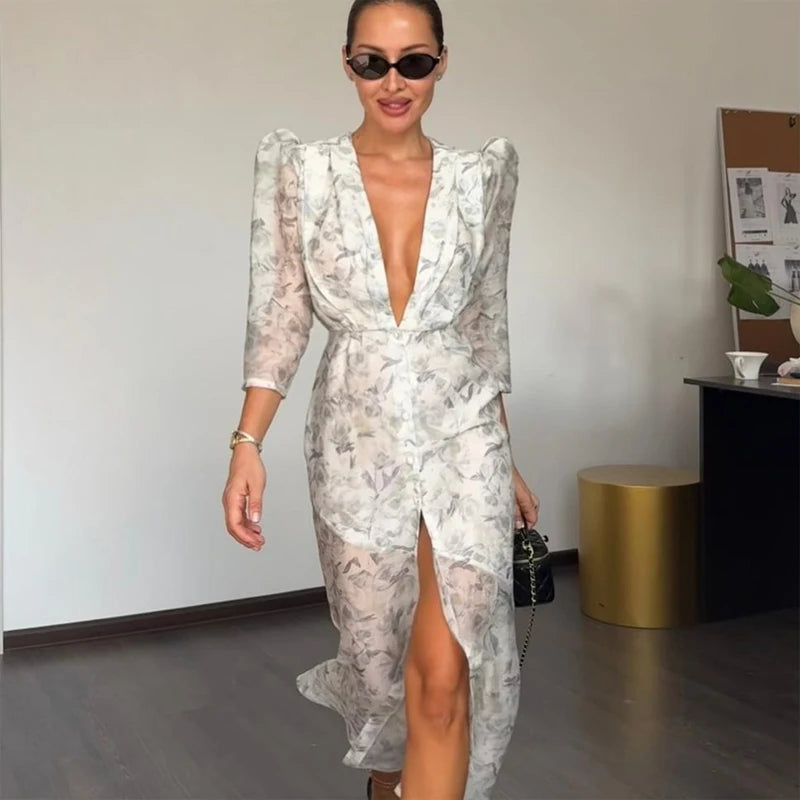 Fashion Sexy Organza Floral Printed Maxi Dress V-neck Puff Sleeve 2026 New Summer Romantic Women Party Gown Elegant Lady Vestido
