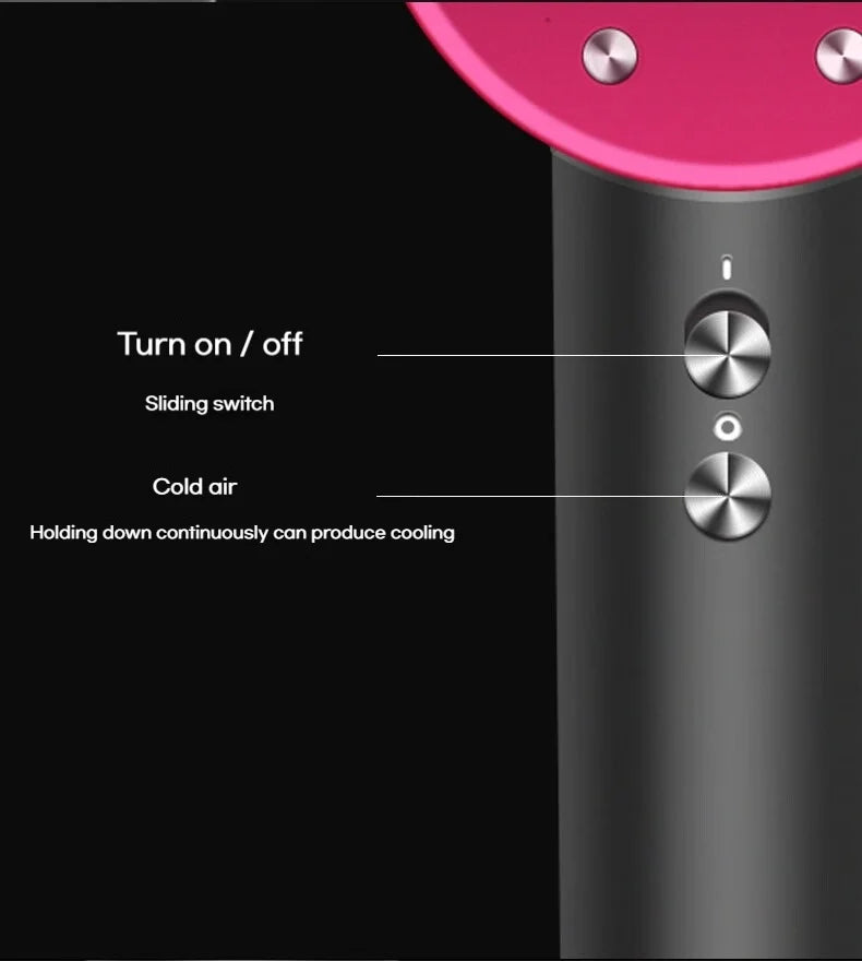 Pink and grey high-speed bladeless hair dryer with metallic power and cold air buttons for professional styling.