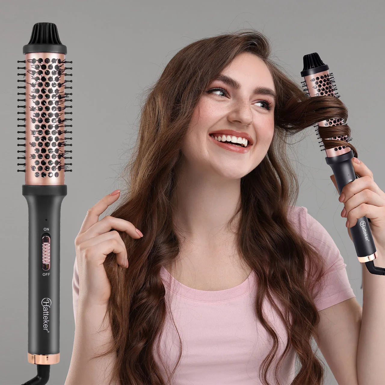 Hatteker rose gold electric curling brush styling tool for home hair curling and inner buckles.
