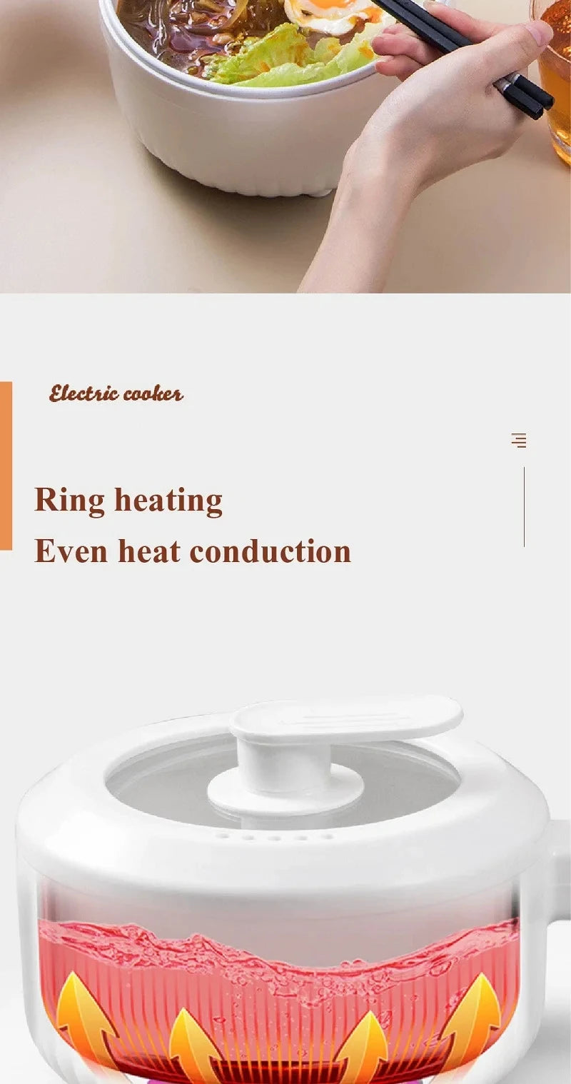 Electric cooking pot with lid showing heating ring, steaming food inside