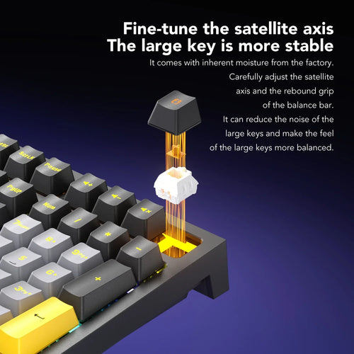 Exploded view of a 108-key gaming keyboard featuring black/grey/yellow keycaps and a mechanical switch with stabilizer.