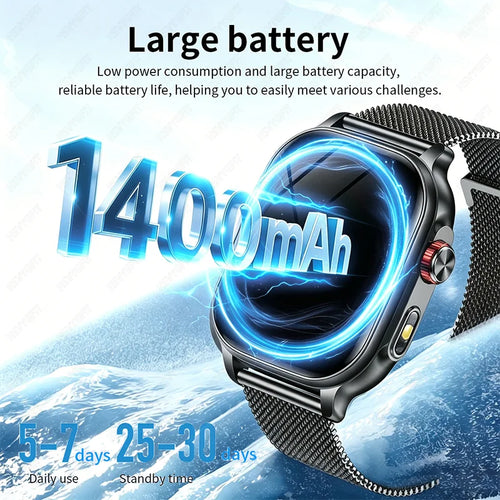 Black smartwatch with fabric mesh strap and glowing blue touchscreen display